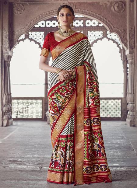 Red And White Colour BK Rewaa Patola Silk Wedding Wear Hand Printed With Heavy Jacquard Border and swarovski work Saree Collection 108